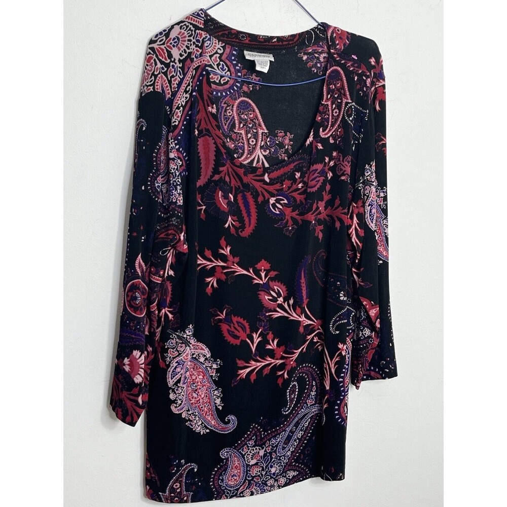 Chicos Travelers Plum Paisley Acetate 3/4 sleeve Blouse sz 3 / 16 XL (11)